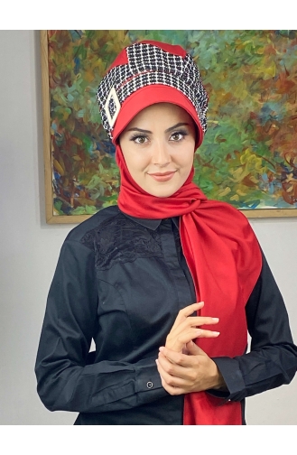 Çarkıfelek Atkılı Tesettür Şapka 476EYLL22ŞAPK-03 Kırmızı Siyah