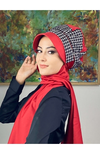 Çarkıfelek Atkılı Tesettür Şapka 476EYLL22ŞAPK-03 Kırmızı Siyah