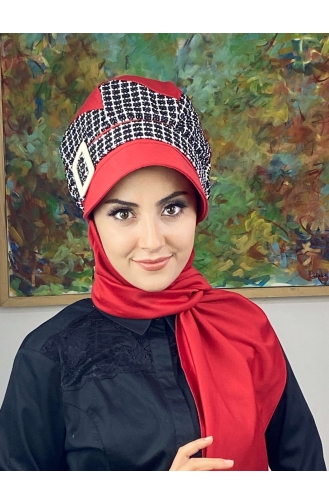 Çarkıfelek Atkılı Tesettür Şapka 476EYLL22ŞAPK-03 Kırmızı Siyah