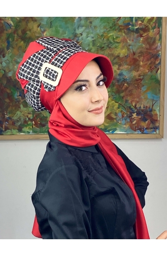 Çarkıfelek Atkılı Tesettür Şapka 476EYLL22ŞAPK-03 Kırmızı Siyah