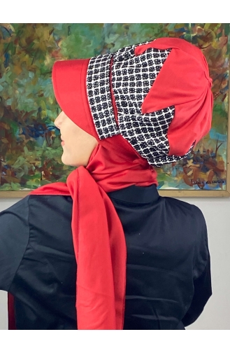 Çarkıfelek Atkılı Tesettür Şapka 476EYLL22ŞAPK-03 Kırmızı Siyah