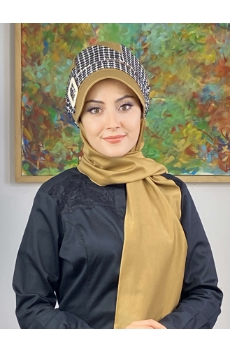 Çarkıfelek Atkılı Tesettür Şapka 476EYLL22ŞAPK-04 Tütün Siyah