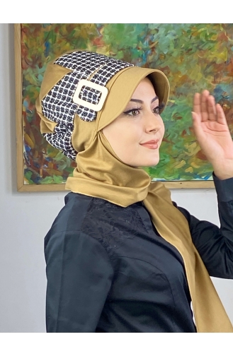 Çarkıfelek Atkılı Tesettür Şapka 476EYLL22ŞAPK-04 Tütün Siyah