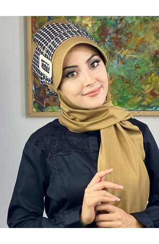 Çarkıfelek Atkılı Tesettür Şapka 476EYLL22ŞAPK-04 Tütün Siyah