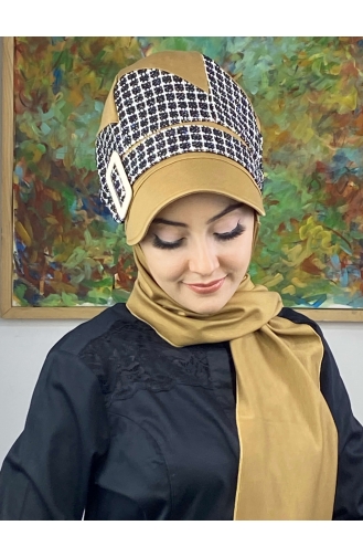 Çarkıfelek Atkılı Tesettür Şapka 476EYLL22ŞAPK-04 Tütün Siyah
