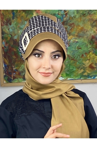 Çarkıfelek Atkılı Tesettür Şapka 476EYLL22ŞAPK-04 Tütün Siyah