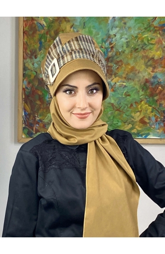 Çarkıfelek Atkılı Tesettür Şapka 526EYLL22ŞAPK-01 Tütün Kahverengi