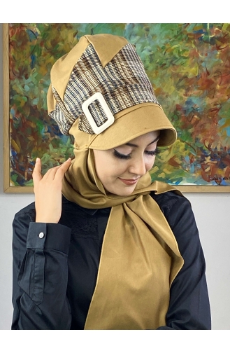 Çarkıfelek Atkılı Tesettür Şapka 526EYLL22ŞAPK-01 Tütün Kahverengi