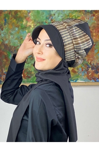 Çarkıfelek Atkılı Tesettür Şapka 526EYLL22ŞAPK-03 Siyah Kahverengi