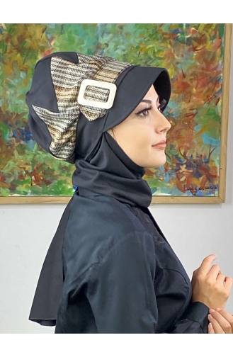 Çarkıfelek Atkılı Tesettür Şapka 526EYLL22ŞAPK-03 Siyah Kahverengi