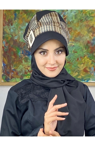 Çarkıfelek Atkılı Tesettür Şapka 526EYLL22ŞAPK-03 Siyah Kahverengi