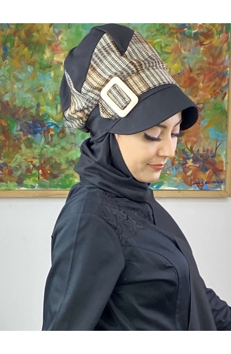 Çarkıfelek Atkılı Tesettür Şapka 526EYLL22ŞAPK-03 Siyah Kahverengi