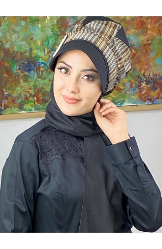 Çarkıfelek Atkılı Tesettür Şapka 526EYLL22ŞAPK-03 Siyah Kahverengi