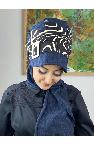 Çarkıfelek Atkılı Tesettür Şapka 556EYLL22ŞAPK-01 Lacivert Beyaz