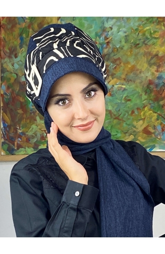 Çarkıfelek Atkılı Tesettür Şapka 556EYLL22ŞAPK-01 Lacivert Beyaz