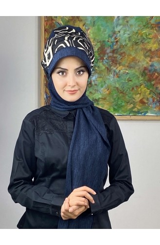 Çarkıfelek Atkılı Tesettür Şapka 556EYLL22ŞAPK-01 Lacivert Beyaz