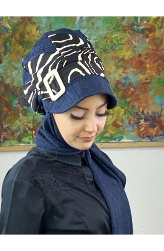 Çarkıfelek Atkılı Tesettür Şapka 556EYLL22ŞAPK-01 Lacivert Beyaz