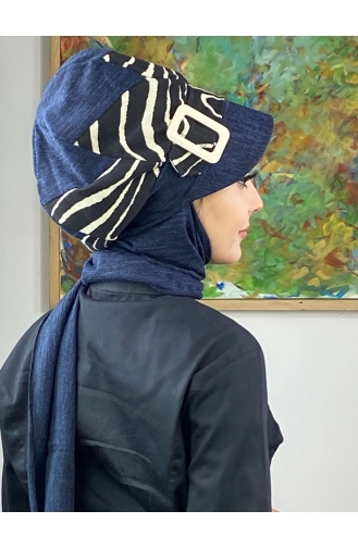 Çarkıfelek Atkılı Tesettür Şapka 556EYLL22ŞAPK-01 Lacivert Beyaz