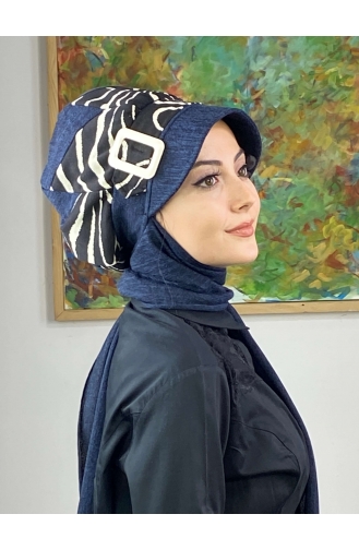 Çarkıfelek Atkılı Tesettür Şapka 556EYLL22ŞAPK-01 Lacivert Beyaz