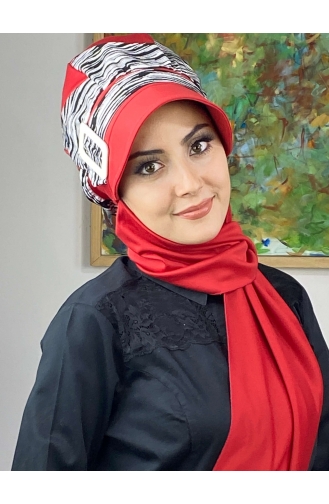 Red Ready to Wear Turban 566EYLL22ŞAPK-04