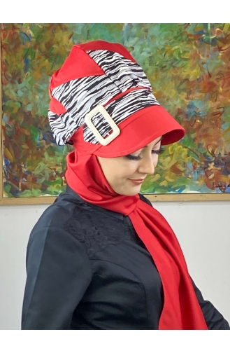 Red Ready to Wear Turban 566EYLL22ŞAPK-04