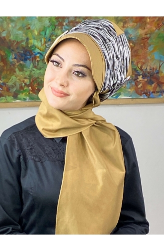 Çarkıfelek Atkılı Tesettür Şapka 566EYLL22ŞAPK-05 Tütün Siyah