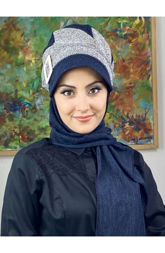 Çarkıfelek Tesettür Atkılı Şapka 396EYLL22ŞAPK-01 Lacivert Beyaz