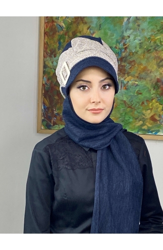 Çarkıfelek Tesettür Atkılı Şapka 396EYLL22ŞAPK-02 Lacivert Kahverengi