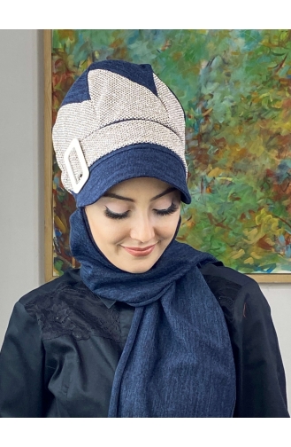 Çarkıfelek Tesettür Atkılı Şapka 396EYLL22ŞAPK-02 Lacivert Kahverengi