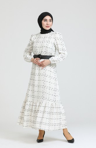 Kemerli Kareli Elbise 1978-02 Beyaz