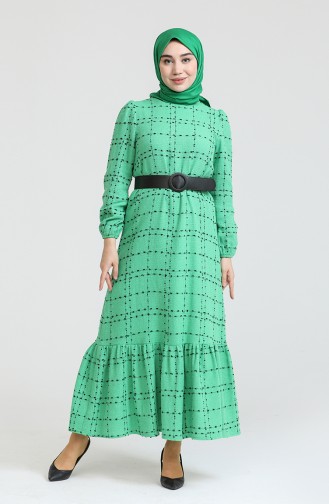 Kemerli Kareli Elbise 1978-03 Yeşil