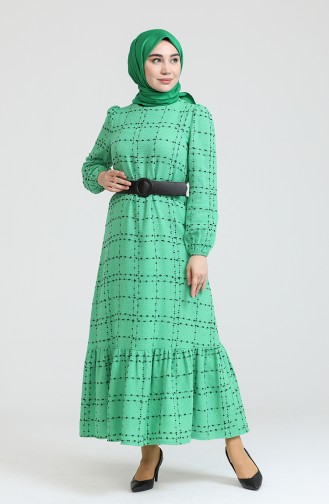Kemerli Kareli Elbise 1978-03 Yeşil