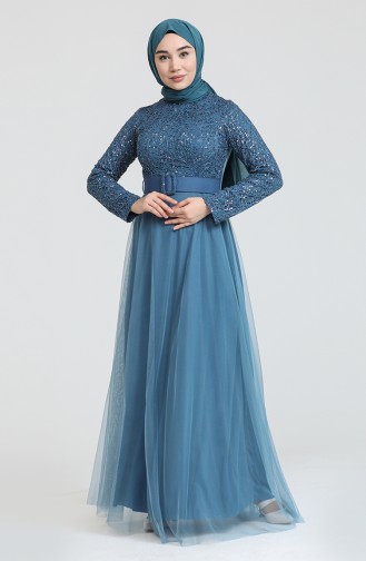 Petrol Blue Hijab Evening Dress 5353-12