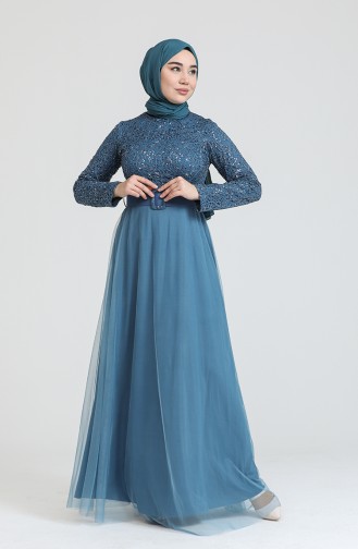 Petrol Blue Hijab Evening Dress 5353-12