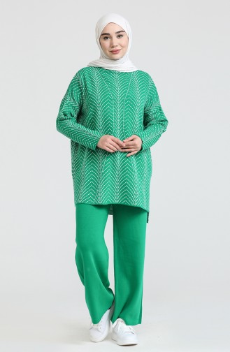 Triko Desenli Tunik Pantolon İkili Takım 0534-12 Çimen Yeşili