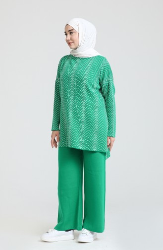 Triko Desenli Tunik Pantolon İkili Takım 0534-12 Çimen Yeşili