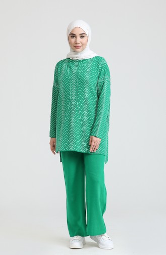 Triko Desenli Tunik Pantolon İkili Takım 0534-12 Çimen Yeşili