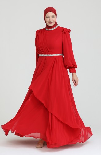 Büyük Beden Taş Baskılı Tesettür Abiye Elbise 4911-08 Kırmızı