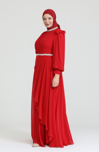 Büyük Beden Taş Baskılı Tesettür Abiye Elbise 4911-08 Kırmızı
