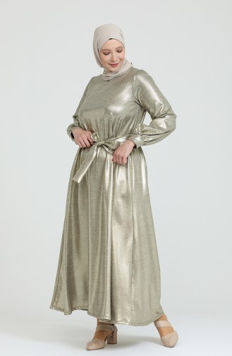 Büyük Beden Varak Baskılı Kuşaklı Elbise 80137-01 Gold