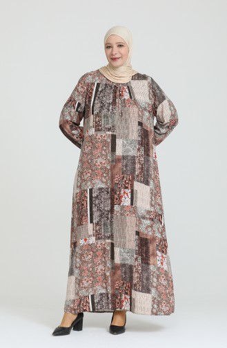 Kadın Büyük Beden Leopar Desenli Viskon Elbise 8408 Vizon