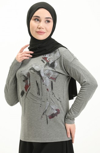 Desenli Taş Baskılı Bluz 22646-02 Gri
