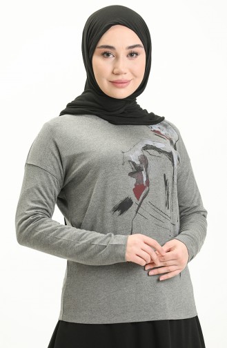 Desenli Taş Baskılı Bluz 22646-02 Gri