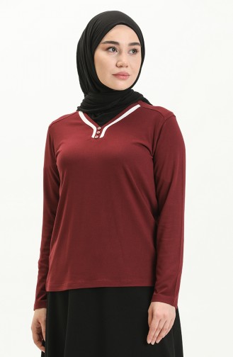Biyeli Düz Bluz 22643-02 Bordo Beyaz