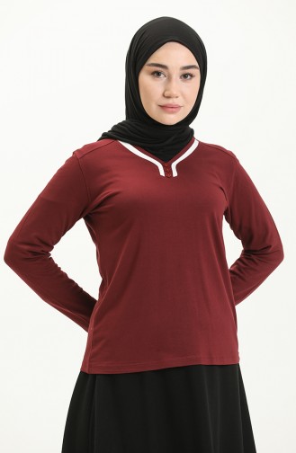 Biyeli Düz Bluz 22643-02 Bordo Beyaz