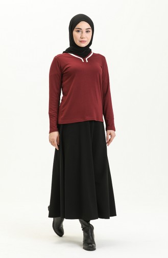 Biyeli Düz Bluz 22643-02 Bordo Beyaz