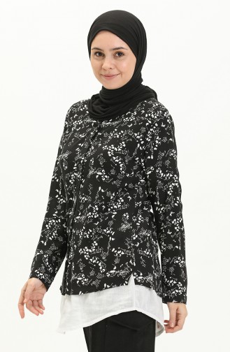 Desenli Bluz 22937-01 Siyah