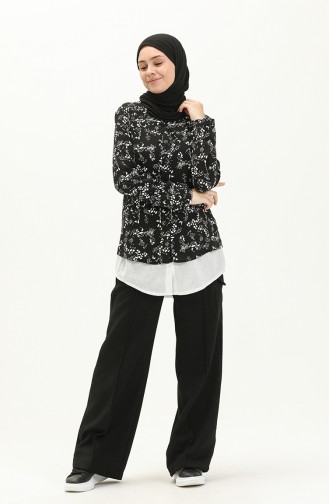 Desenli Bluz 22937-01 Siyah