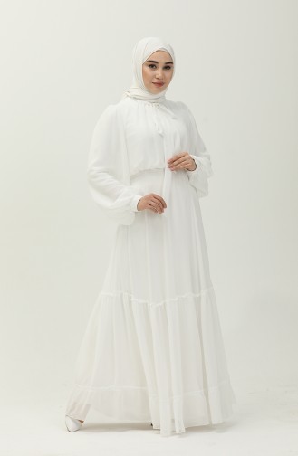 Büzgülü Şifon Abiye Elbise 5440-01 Beyaz