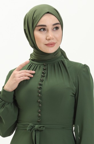 Düğme Detaylı Şifon Abiye Elbise 5695-12 Haki Yeşil